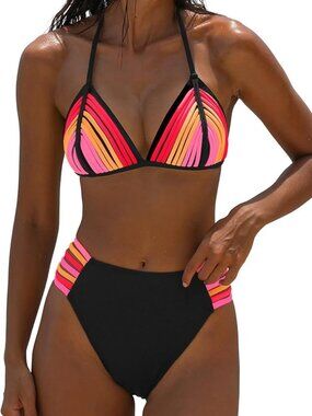 🌈 POPVIL Neon Rainbow Bandage High Waist Bikini Set Black S NWT 👙